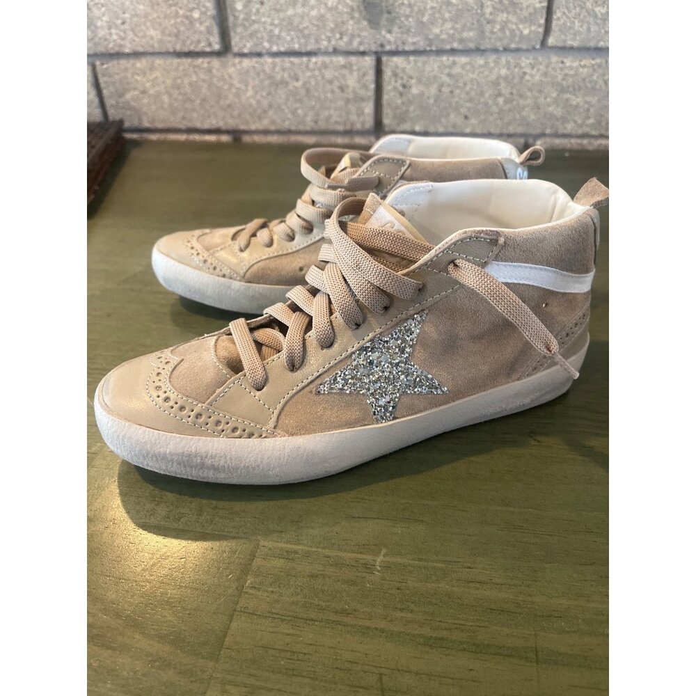 Golden Goose Mid Star Beige Glitter Sneakers Womens Suede & Leather NWOT - Picture 1 of 16